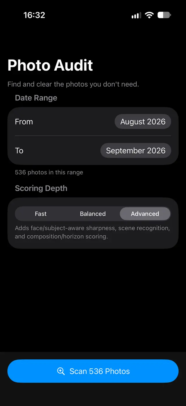 Gallery Audit scan setup screen with date range and scoring depth